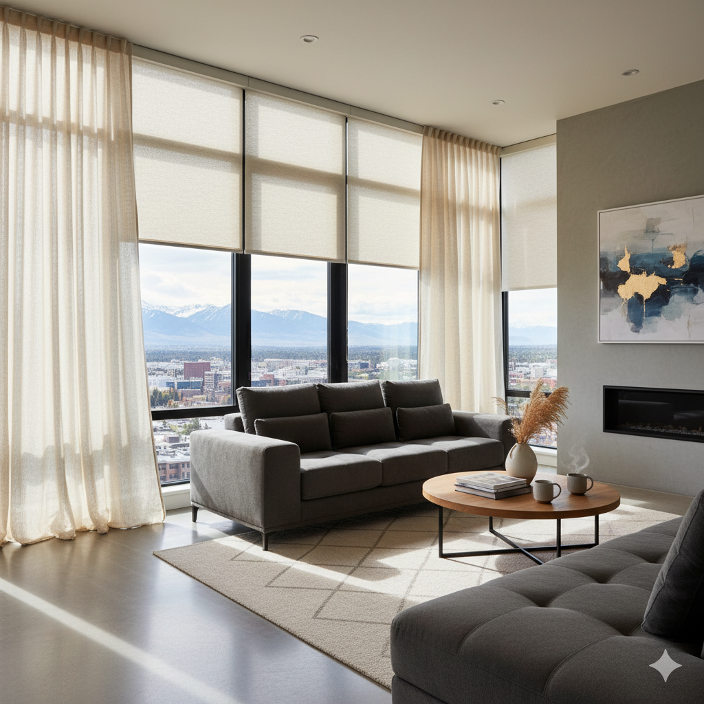Custom blinds and sheer drapery installed in a modern Calgary living room by Averra Drapery and Blinds.