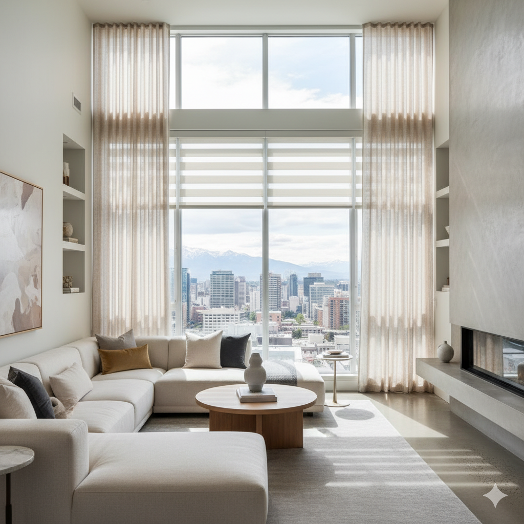 Custom blinds and sheer drapery installed in a modern Calgary living room by Averra Drapery and Blinds.