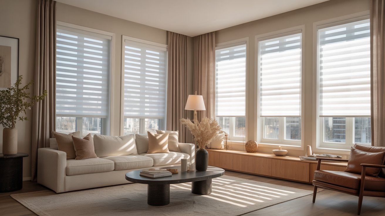 Modern Calgary living room featuring custom window coverings by Averra Drapery and Blinds.